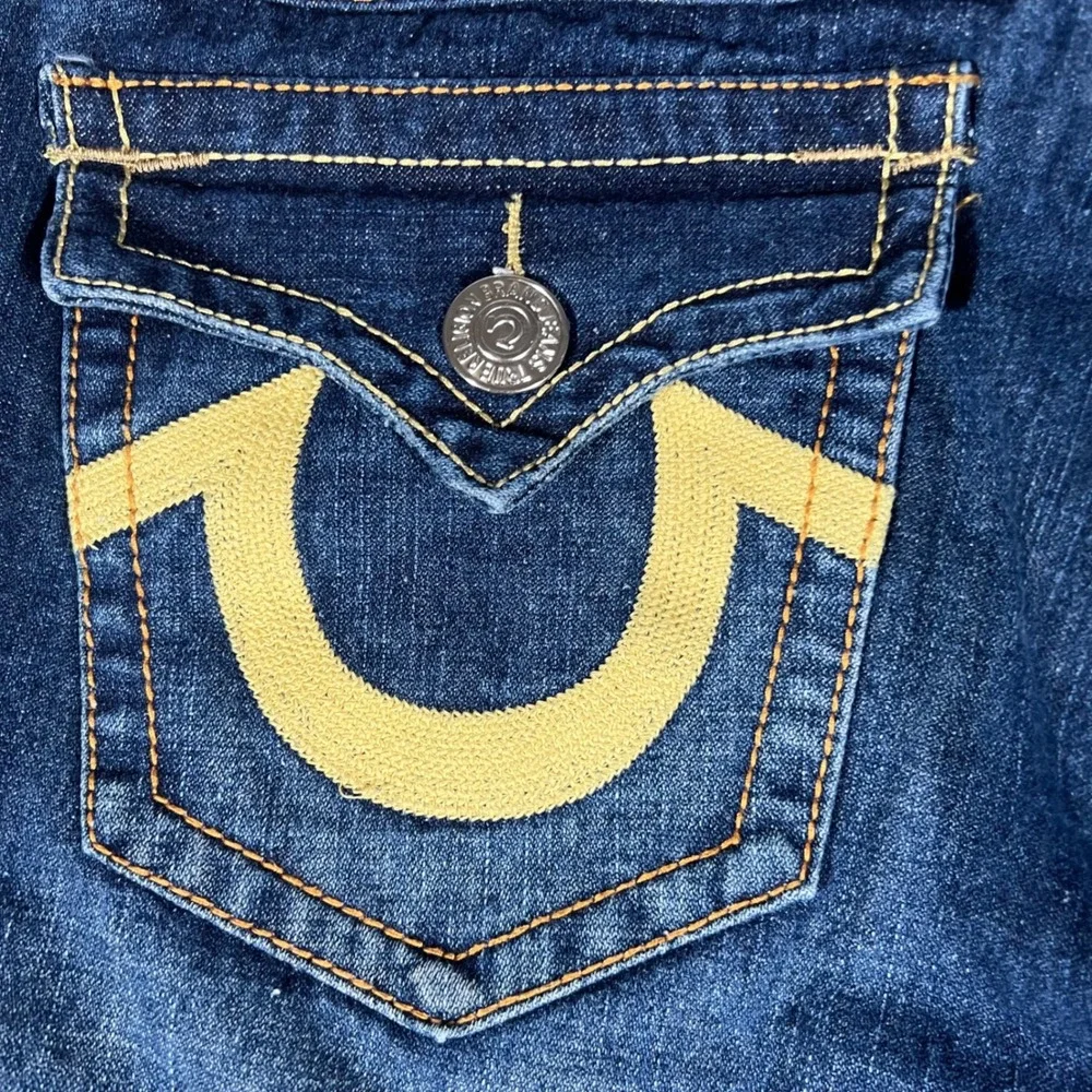 True Religion Billy Super T Dark Wash Straight Leg Jeans Men 34x33 Yellow Stitch